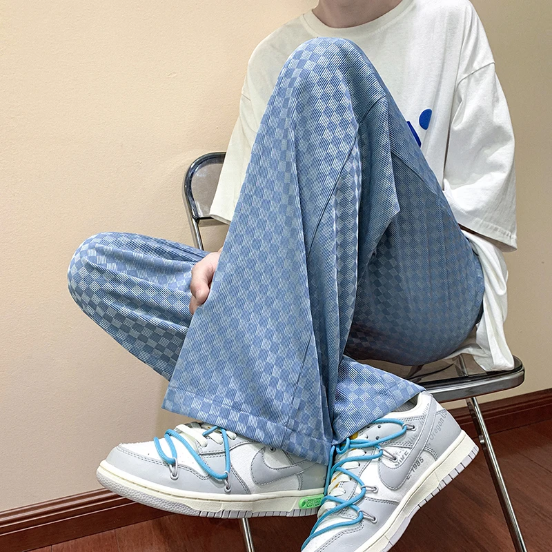 

2022 Summer Pleated Pants Men Fashion Casual Wide-leg Ice Silk Pants Mens Japanese Streetwear Loose Plaid Pants Mens Trousers