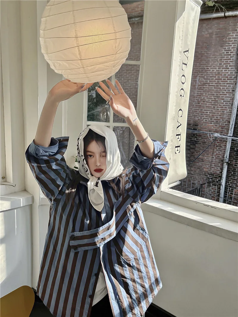 Полосатая рубашка в Корейском стиле Повседневная модная с асимметричным