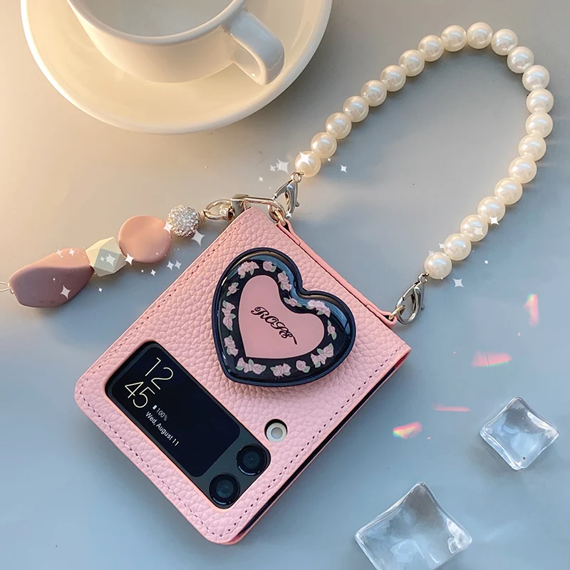 Case for Samsung Galaxy ZFlip3 Cover Siamese High Leather Pink Heart with Pearl Lanyard for Z Flip 3 Samsung F7110 Funda Case