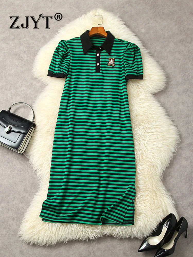 

ZJYT Summer Striped Casual Sporty T Shirt Dresses for Women 2023 Turn Down Collar Loose Waist Vestidos Fashion Streetwear Green