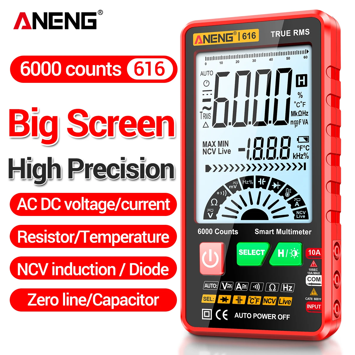 

ANENG 616 Large Screen Backlight Multimeter Digital Intelligent Multimeter 6000 Counts Mini Portable Multimeter AC/DC Test Tool