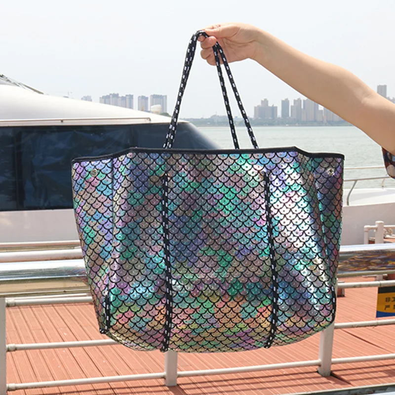 

casual Neoprene large capacity tote bag designer laser fish scales women shoulder bags luxury lady handbag summer beach bag 2022