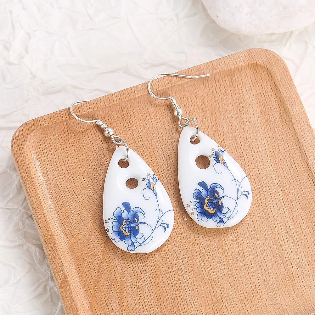 

China Blue and White Porcelain Peony Water Drop Earrings Ethnic Style Ceramics Earrings Party Fashion Jewelry Art Souvenir Gifts