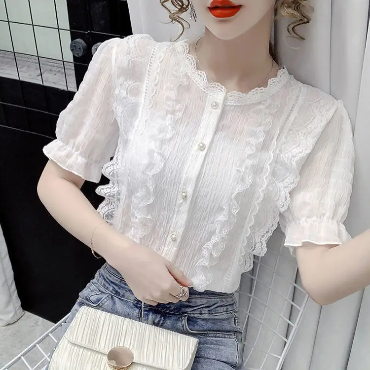 

Women 2022 Summer New Short Sleeve Chiffon Shirts Female Hollow Out Lace Ruffled Shirts Ladies O-neck Solid Color Blouses U07