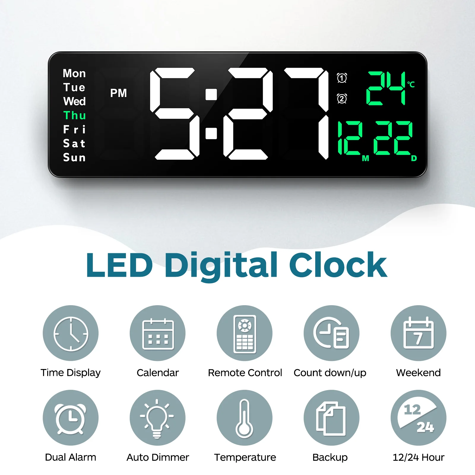 

1pc Digital Wall Clock LED Wall Clock with Temperature Date Display Dual Alarm Large Home Decoration 16in