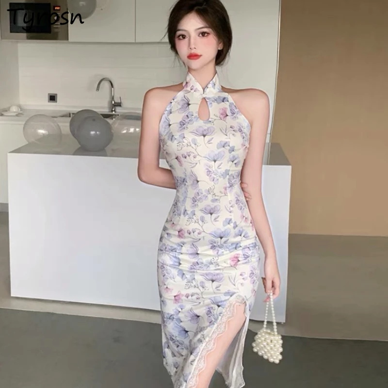 

Sleeveless Dresses Women Side-slit Slim Sexy Design Elegant Chinese Style Hot Girls Simple Stylish Temperament Summer Casual New