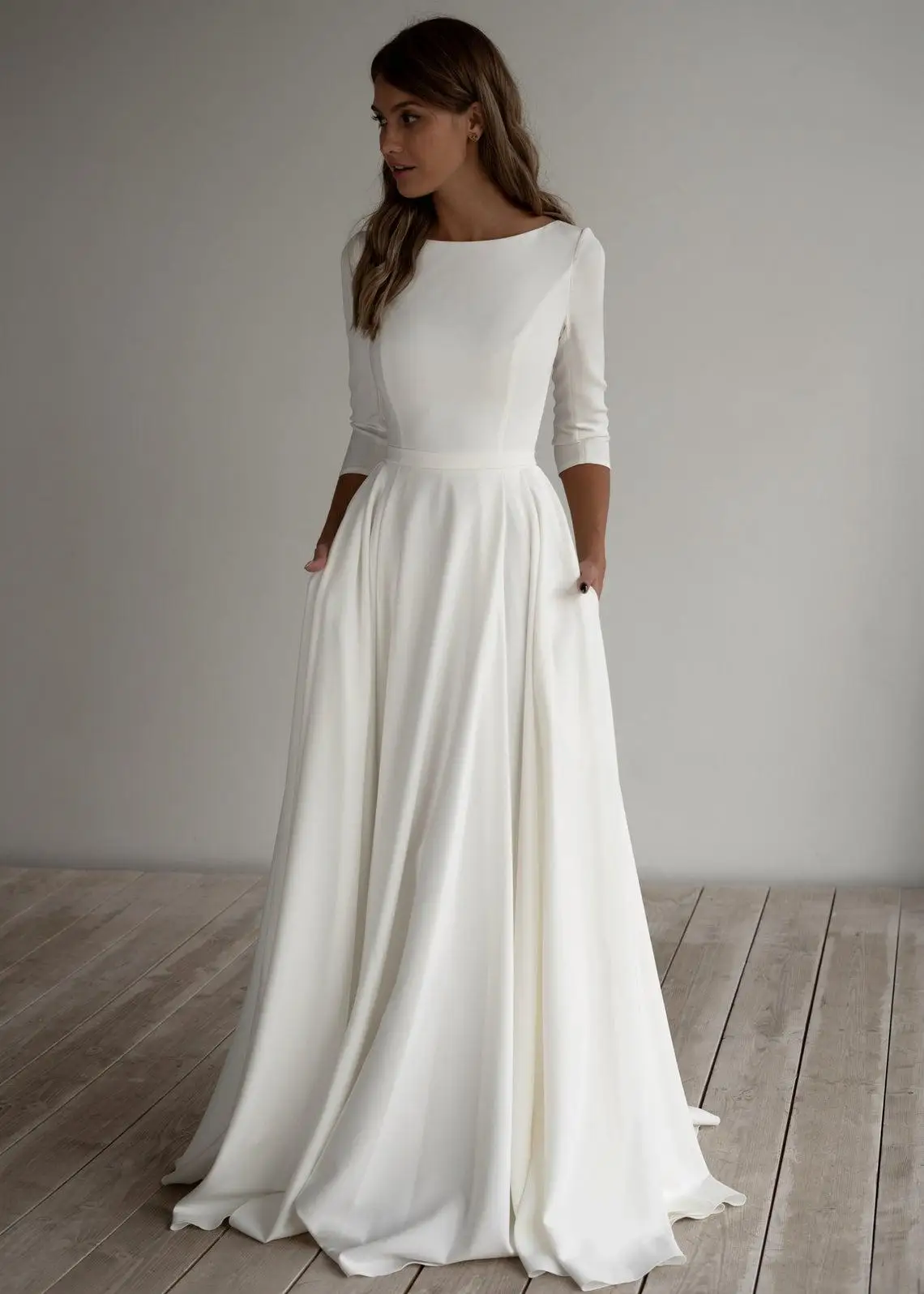 

2023 White Three Quarter Sleeve Wedding Dress For Women A Line Scoop Neck Elegant Bridal Gowns Pocket Robes De Soirée Plus Size