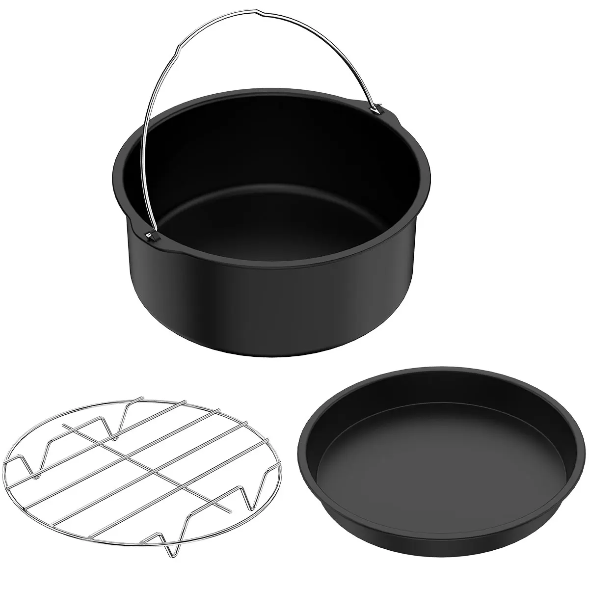 

3Pcs Air Fryer Pizza Pan and Cake Barrel with Steam Rack 7 inch Food Grade Steel Air Fryer Pizza Pan Nonstick Coating Air Fryer
