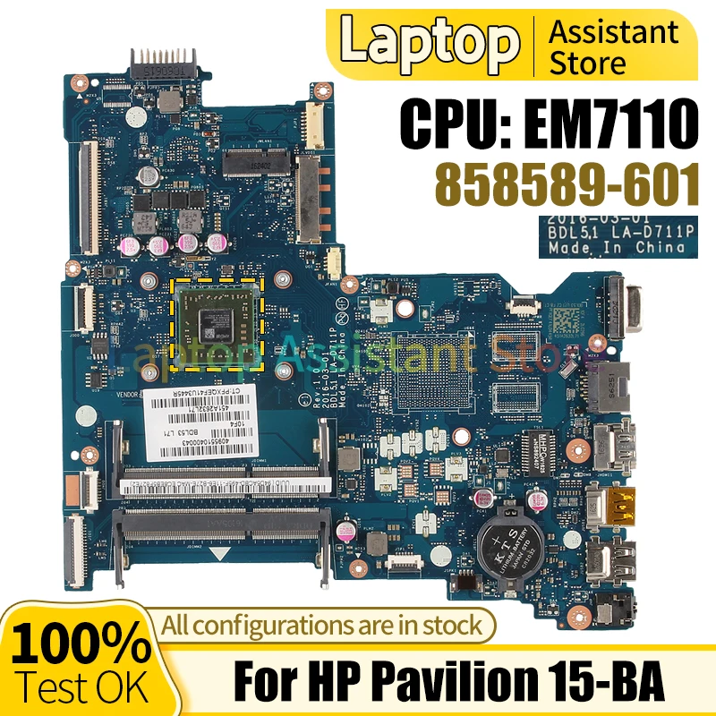 Материнская плата для ноутбука HP Pavilion 15-BA 858589-601 EM7110 100% протестированная материнская плата для ноутбука