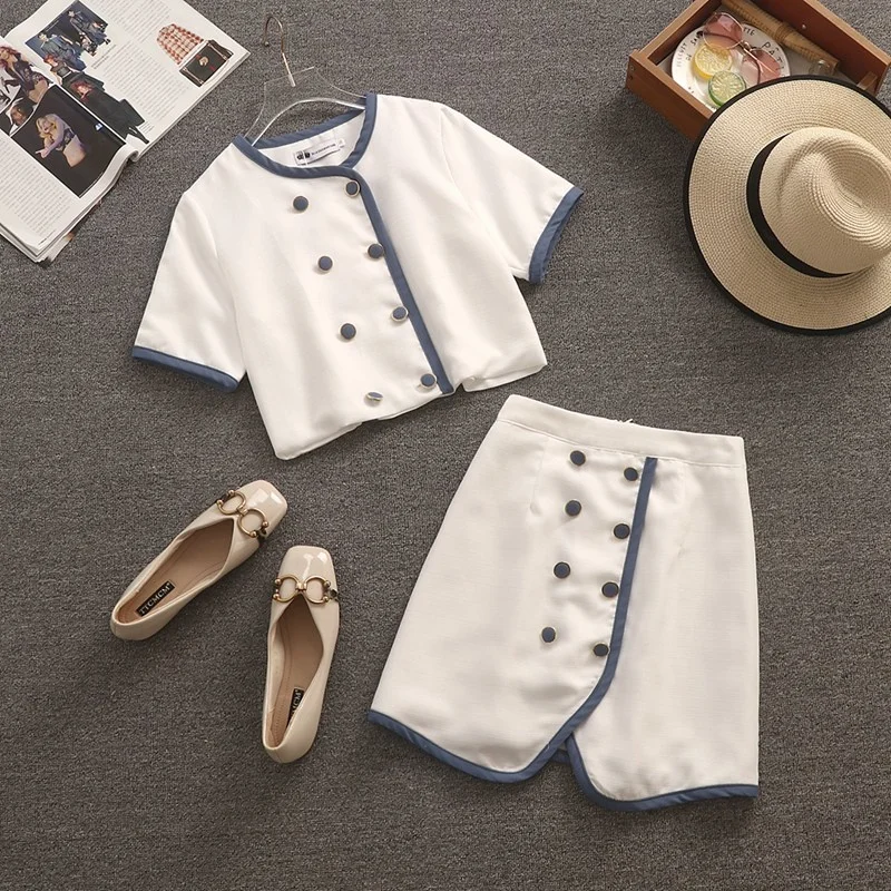 

French Elegant Double Breasted Women's Shirt Summer Short Sleeve Crop Tops Slim Fit A-line Skirt Two Piece Sets 2022 New