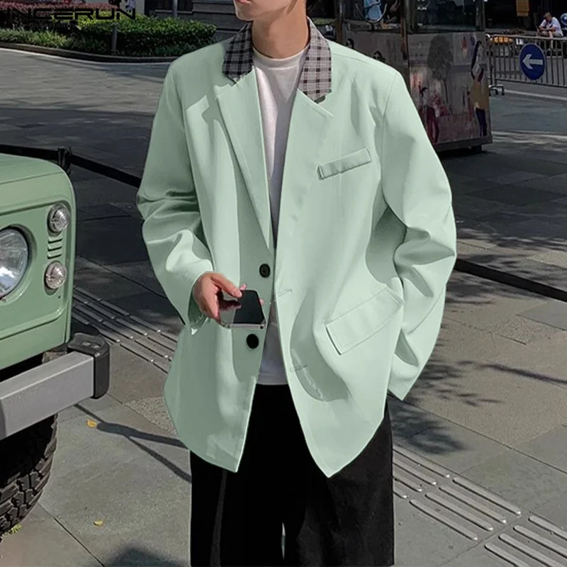 Модный мужской блейзер в клетку с воротником-стойкой и длинными рукавами