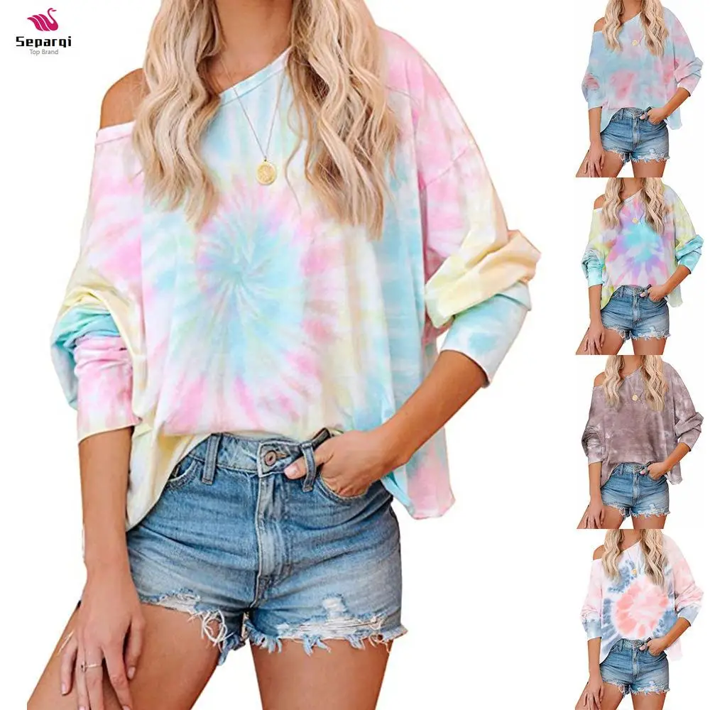 

SEPAQI Autumn Winter Tie-Dye Women's Top - European and American Gradient Color Print Long-Sleeve Round Neck Casual T-shirt