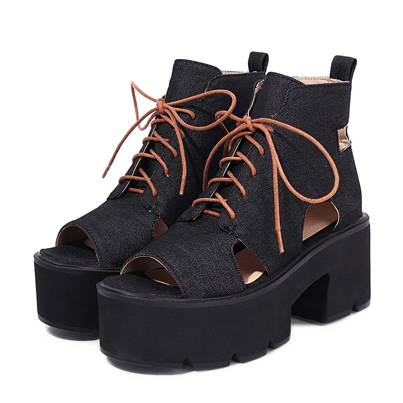 

New Retro Peep Toe Women Shoes Boots Spring 2022 New Summer Block Heel Comfy Platform Heels Hollow Out Breathable Big Size