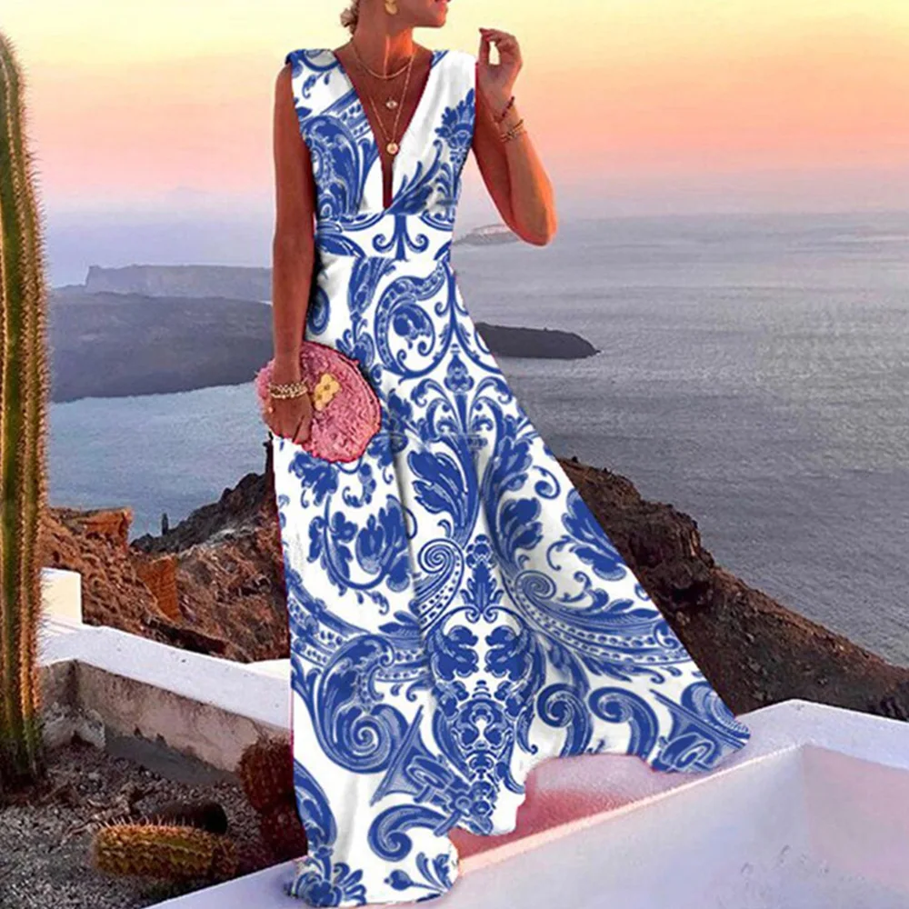 2022 Summer Women's Fashion Print Sexy V-neck Sleeveless High Waist Slim Dresses