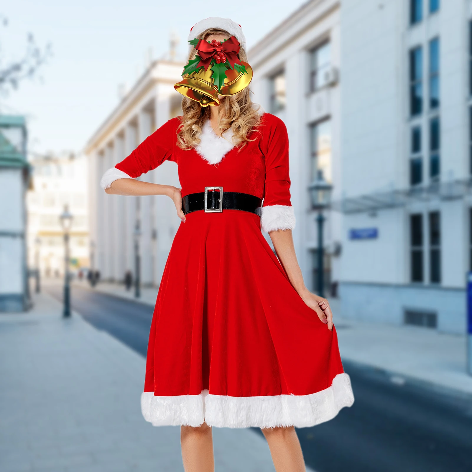 

Christmas Style Santa Claus Dress with Belt Hat for Women Half Sleeve V-neck Ball Gown Korean Fashion Solid Color Dress
