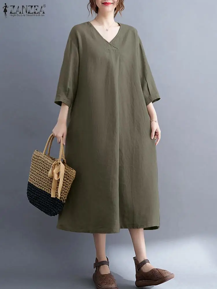 

Женское элегантное однотонное платье-макси ZANZEA 2022, винтажный свободный сарафан с рукавом 3/4, повседневные мешковатые халаты с V-образным выр...