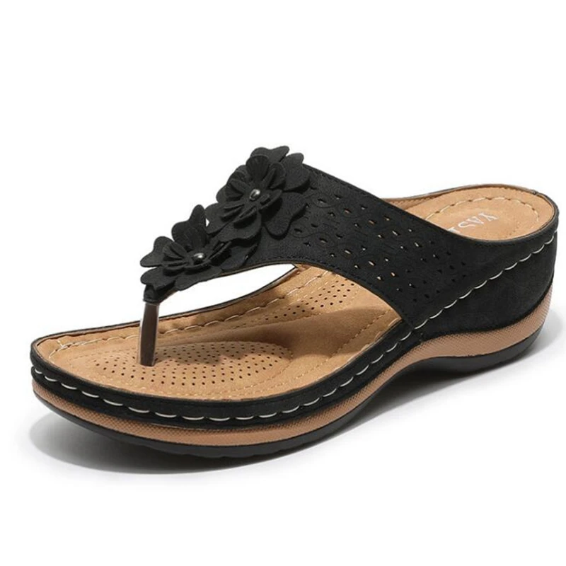 

Summer Women Slippers Fashion PU Flower Slides Shoes Wedge Beach Sandals Female Low Heel Outside Platform Leisure Flip Flops