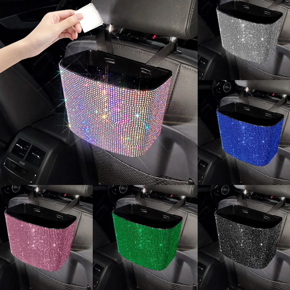 

Rhinestone Car Trash Can Storage Bins Plastic Color Diamond Back Storage Box Waterproof Trash Grabber Car Hanging Accessories