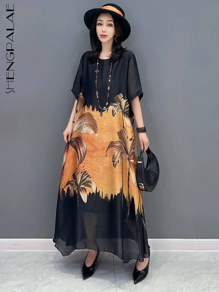 SHENGPALAE New Korean Fashion Mesh Casual Print Dress For Women Vintage Half Sleeve Elegant Vestido 2023 Spring Clothes 5R2222