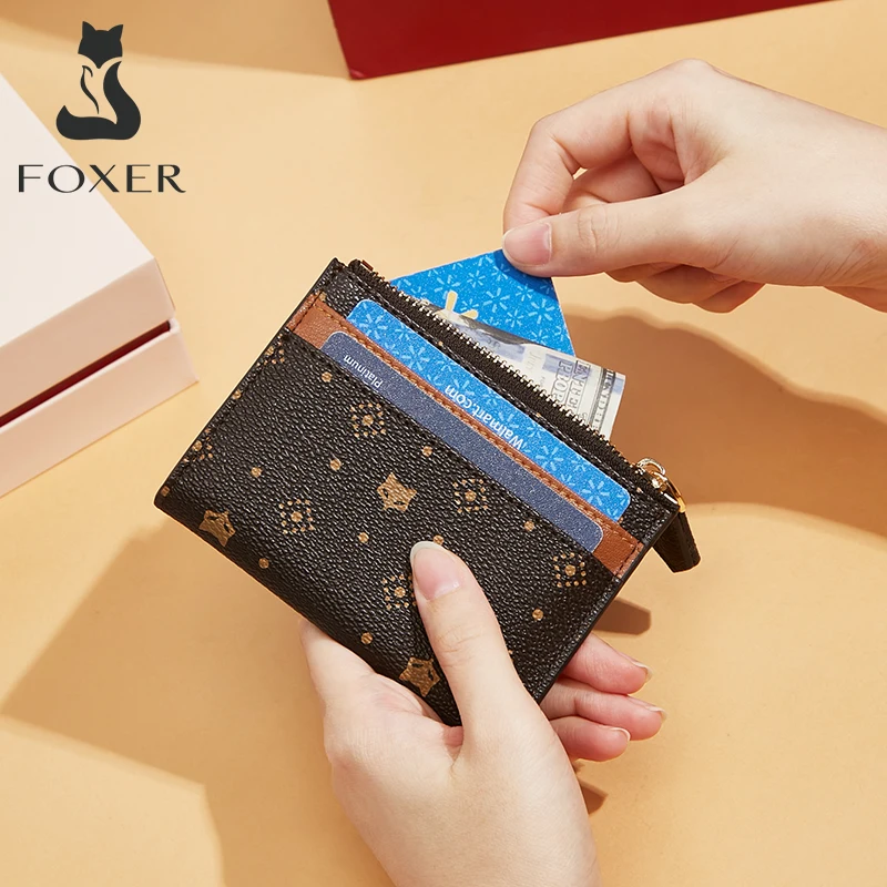 FOXER Female Monogram Coin Packet PVC Leather Card Holder Women Small Wallet Gifts For Lady Stylish Girl's Short Purse Key Cases
