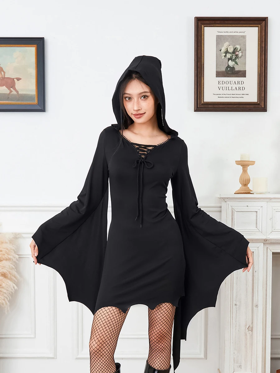 

Женские костюмы на Хэллоуин, готические черные короткие платья с длинным рукавом летучая мышь и капюшоном, женское платье для выпускного вечера, осенняя одежда, гранж