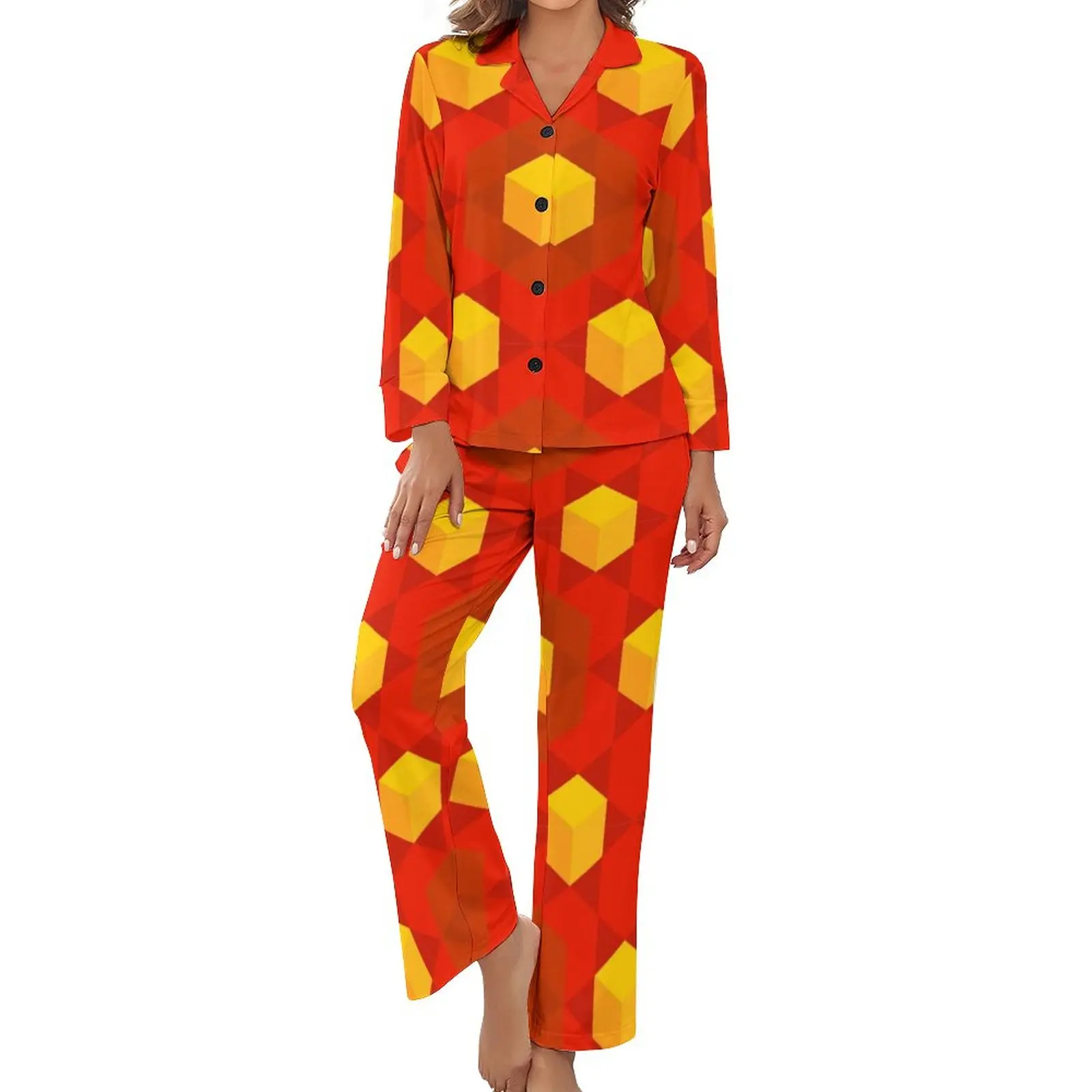 

Nordic Pattern Pajamas Red and Orange Cubes Long Sleeve Cute Home Suit Two Piece Casual Daily Printed Sleepwear Gift