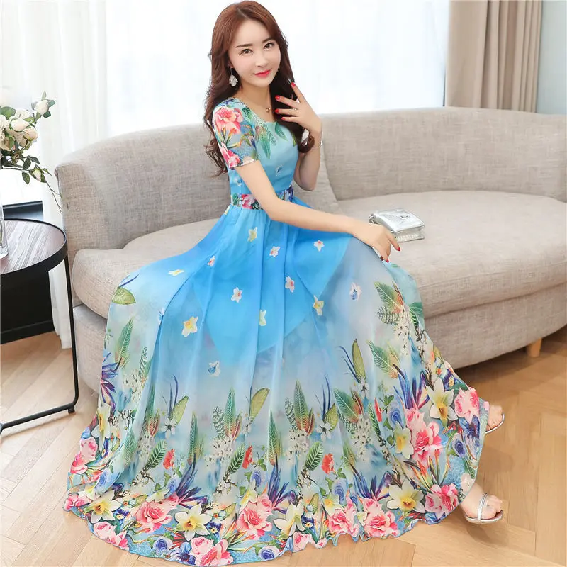 

Женское шифоновое платье с коротким рукавом, круглым вырезом и цветочным принтом