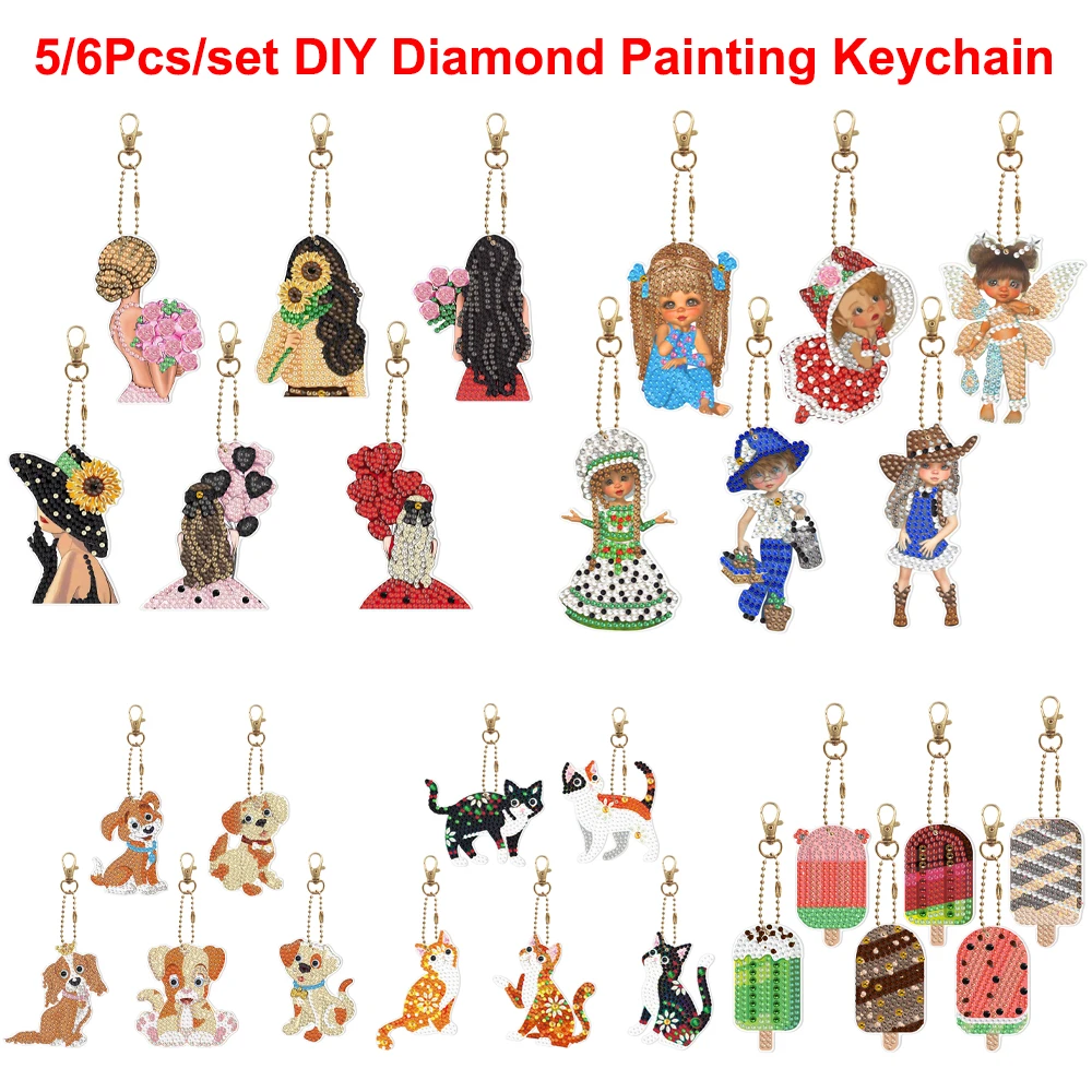

5/6pcs DIY Cute Girl Diamond Painting Keychain Double-sided Diamond Embroidery Animal Mosaic Keyring Bags Pendant Gift For Woman