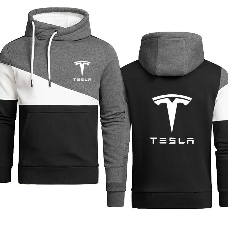 

NEW Tesla car logo print high quality Hoodie tops Autumn Stitching color Casual trend Warm Thicken Men&amp Hoodie Sweatshirt