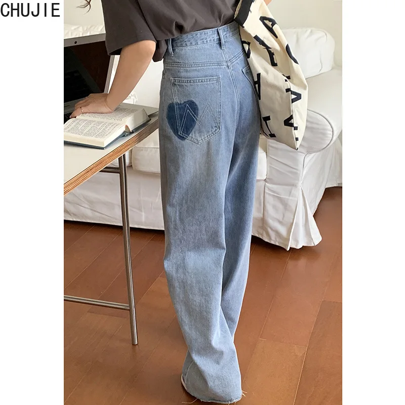 

2022 Women Chic Love Heart High Waist Wide-leg Pants High Street Fashion Washed Jeans Spring Summer Casual Female Straight Jeans