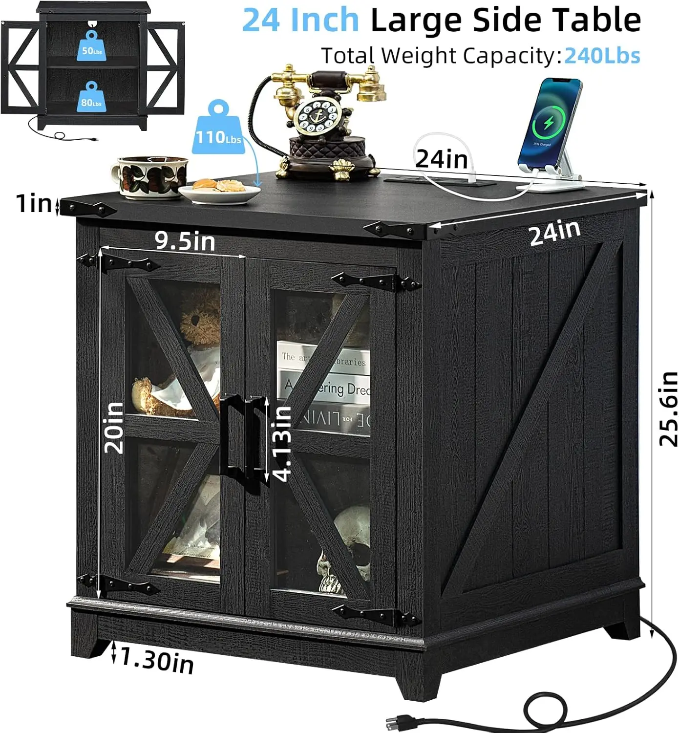 Торцевой столик для фермерского дома с зарядной станцией большой приставной