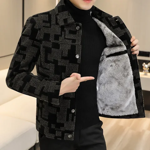 Зимняя плотная теплая шерстяная куртка, Мужская модная клетчатая повседневная куртка, приталенное уличное пальто с отворотом, мужская одежда 2022