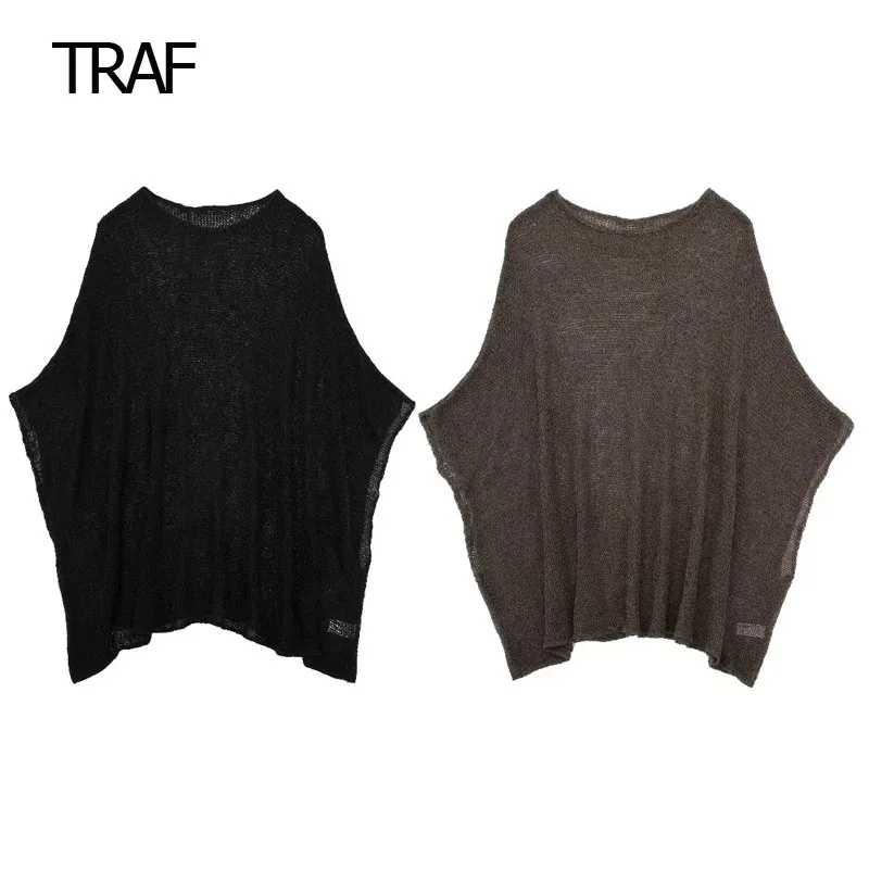 

TRAF Knitted Cutwork Capes Women Coat Autumn 2023 Short Sleeves Loose Cape Blouse O-Neck Pullovers Elegant Women's Coats Modern