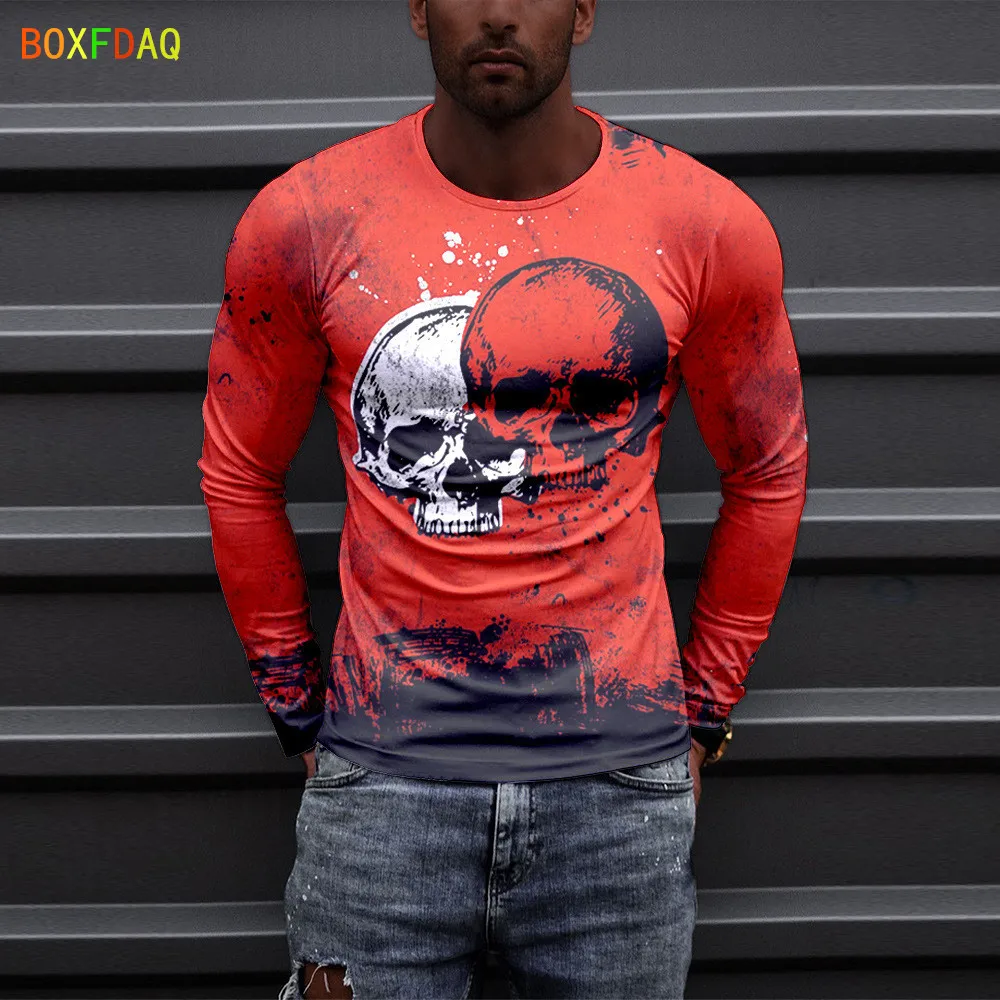 

Мужской Хлопковый топ с длинным рукавом, универсальный Повседневный Топ с принтом черепа, свободный уличный топ с круглым вырезом, большие ...