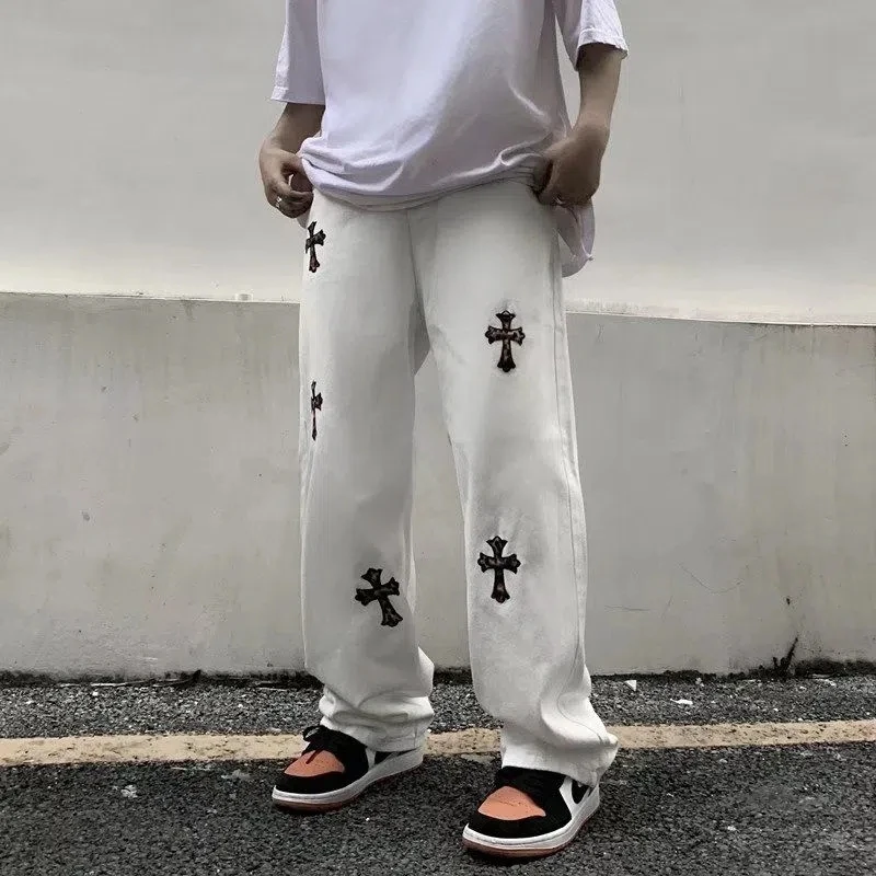 Streetwear Korean Fashion Clothes Cross Applique Jeans Men'S  High Waist Y2k Straight Baggy Pants Casual Denim Trousers Unisex