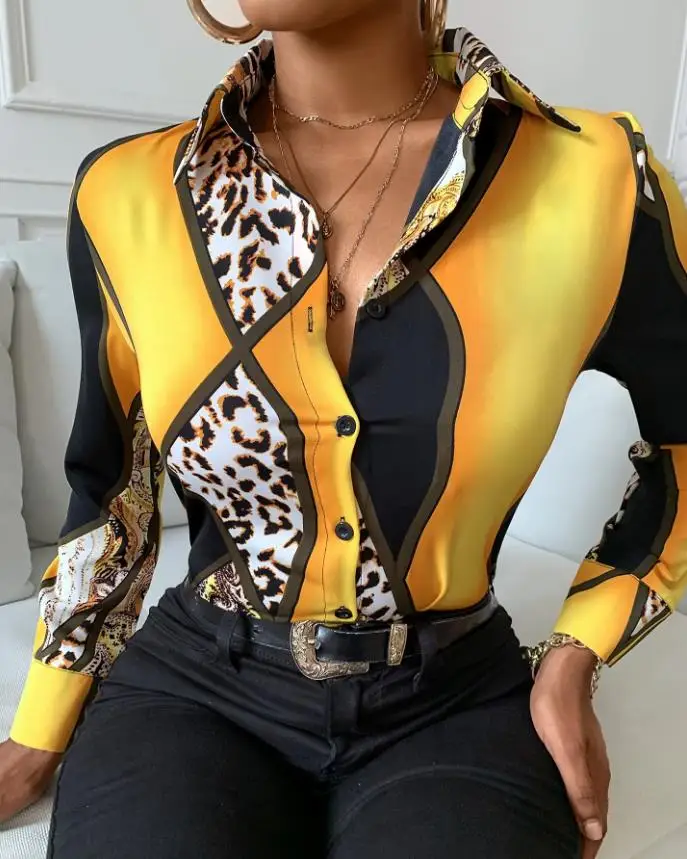 

Cheetah Print Colorblock Buttoned Long Sleeve Shirt Europe & America Fashion Daily Work Office Lady Casual Sexy Shirts for Women