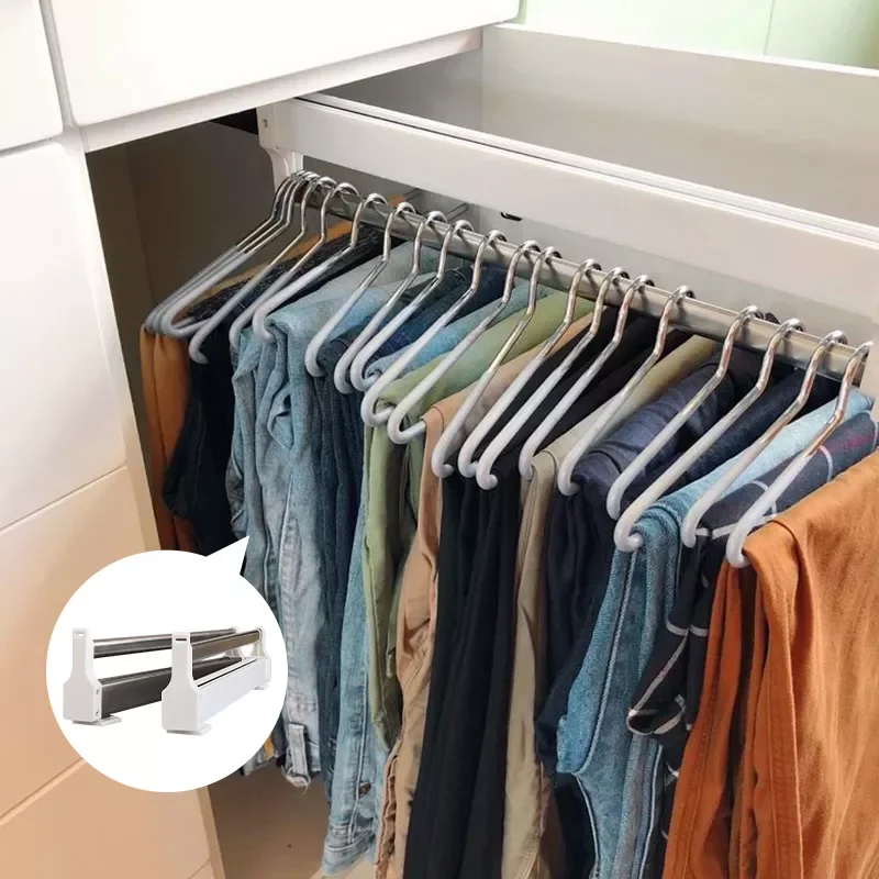 

Pull-Out Closet Clothes Pants Hanger Telescopic Rod Rail Top Mount Bar Ball Bearing Slide Wardrobe Storage Organizer Holder Rack