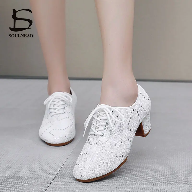 Lace Dance Shoes Women Jazz Latin Shoes Adult Ballroom Salsa Tango Shoes Female Heel 3cm 5cm Heels Breathable Training Sneakers