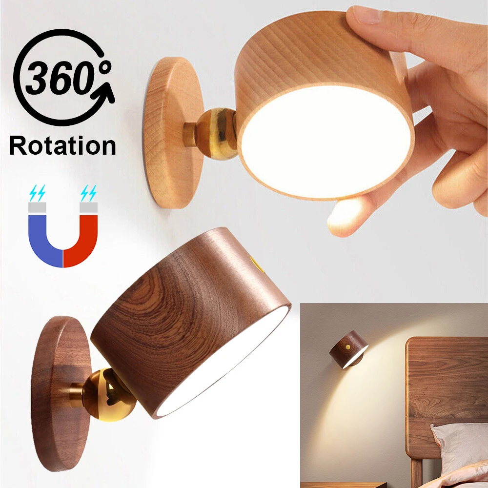 

Вращающийся на 360 ° светодиодный настенный светильник USB перезаряжаемая деревянная настольная лампа магнитный ночной светильник защита глаз для чтения прикроватный светильник