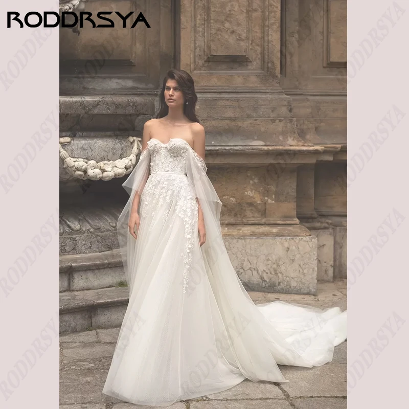 

RODDRSYA Strapless Off Shoulder Wedding Dress Tulle A-Line Applique Bridal Party Illusion Lace Back Bride Gown Sweep Train Boho