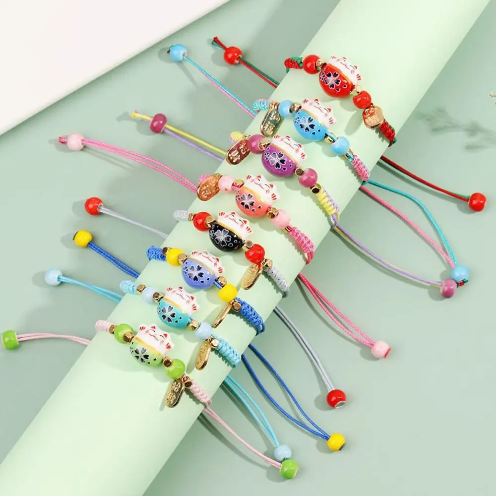 

Chinese Style Women Ceramic Lucky Cat Multi-color Bracelet Cute Braided Bracelet Entrance Examination Gift Fashion Jewelry