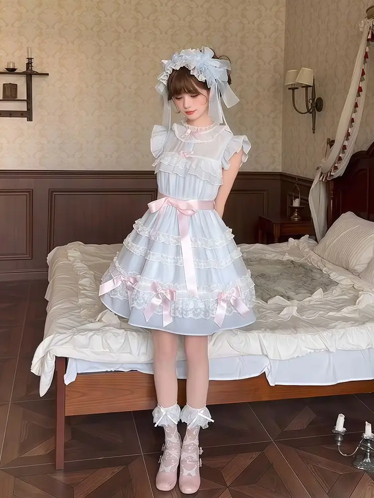 Фото COALFELL Blue sweet girl date outfit - редкое платье в полоску для весенне-летнего сезона в стиле Лолита №4