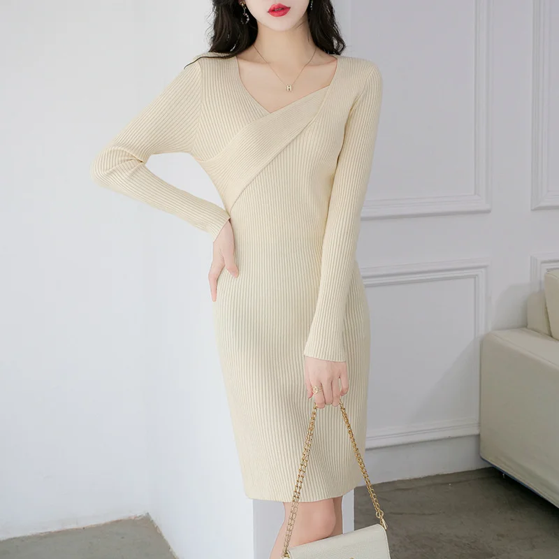 

2022 Women's Knitted Dresses Autumn Winter Korean Chicv Collar Cross Dress For Female Fashion Casual Waist Slim Sweater Dress