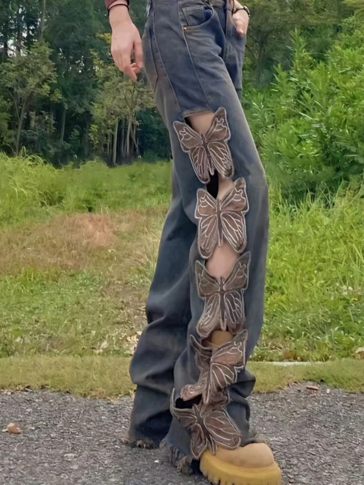 

Streetwear Y2k Jeans Woman Grunge Harajuku Vintage Butterfly Patchwork Embroidery Straight Denim Trousers High Street