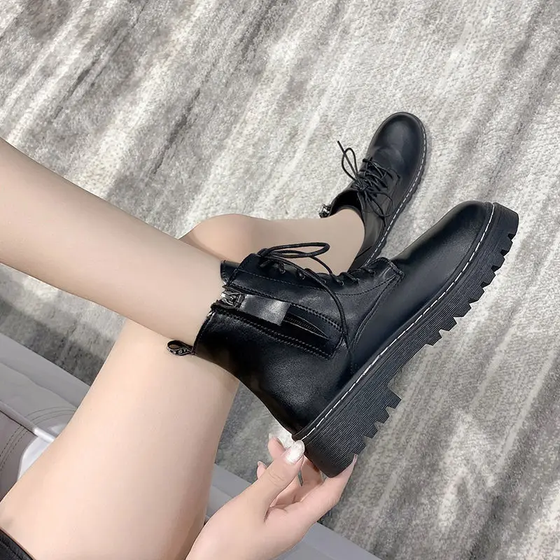 Женские ботильоны Рабочая обувь черные ботинки зимняя теплая короткая больших