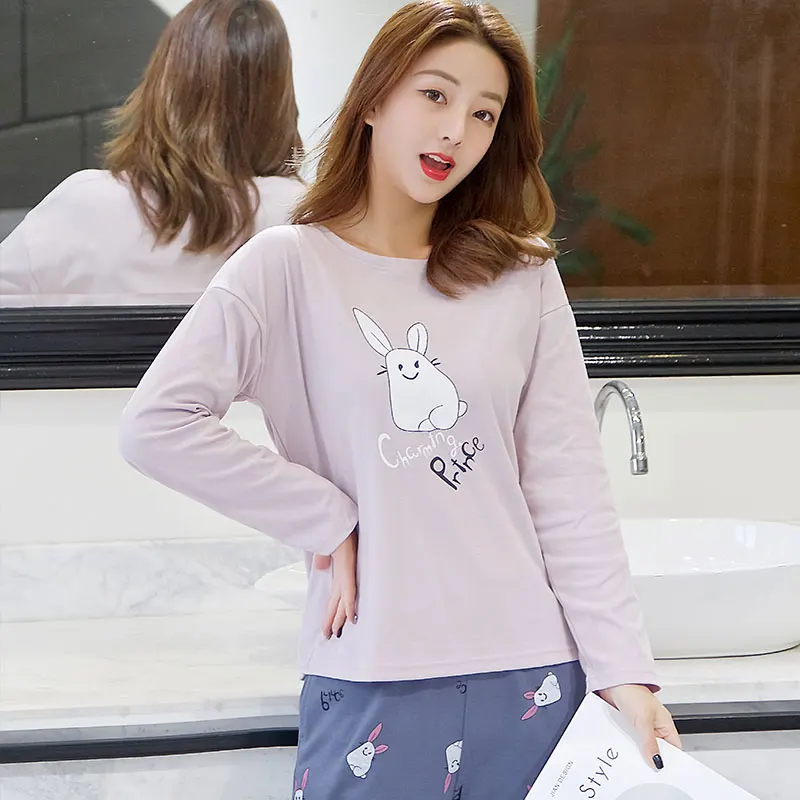 

Spring and Autumn Pajamas Women's Long-Sleeved Trousers Two-Piece Set Cute Loose round Neck Pullover Student Pajamas Lettered Ra