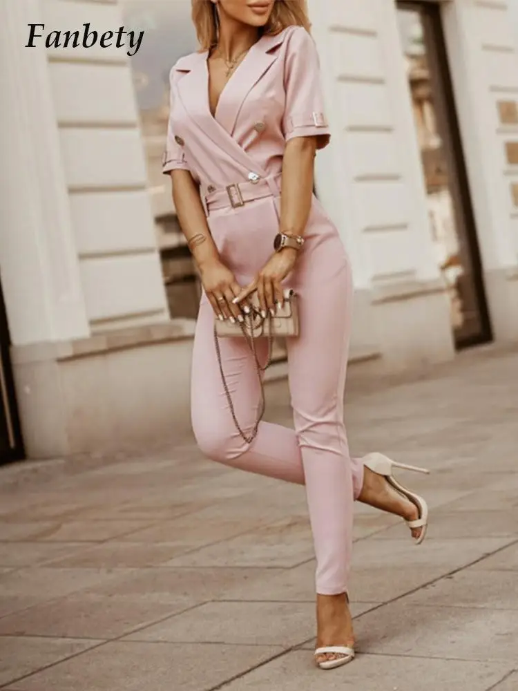 

Office Lady Short Sleeve Suit Collar Jumpsuits Women High Waist Belted Professional Commuter Bodysuits Elegant Solid New Rompers