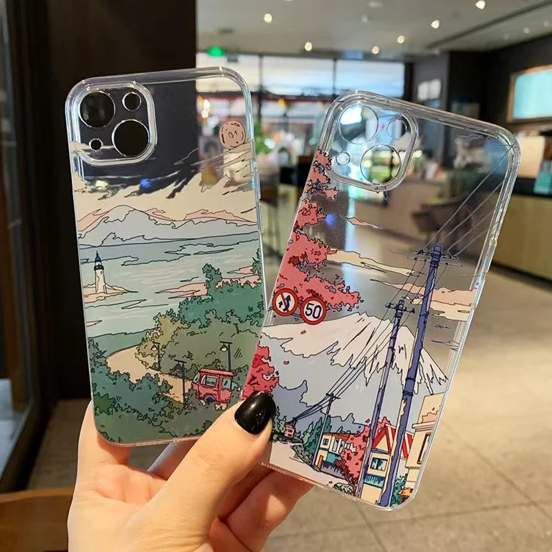 Mount Fuji Landscape Oil Painting For iPhone 13 12 11 Pro Max Mini X XR XS Max 6 7 8 Plus Clear Phone Case cover funda protect