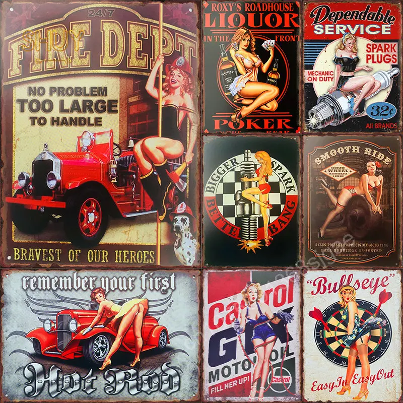 

Pin Up Girl Metal Tin Signs Vintage Custom Wall Art Painting Bar Pub Cafe Shop Room Man Cave Decor Sexy Lady Poster Plate Plaque