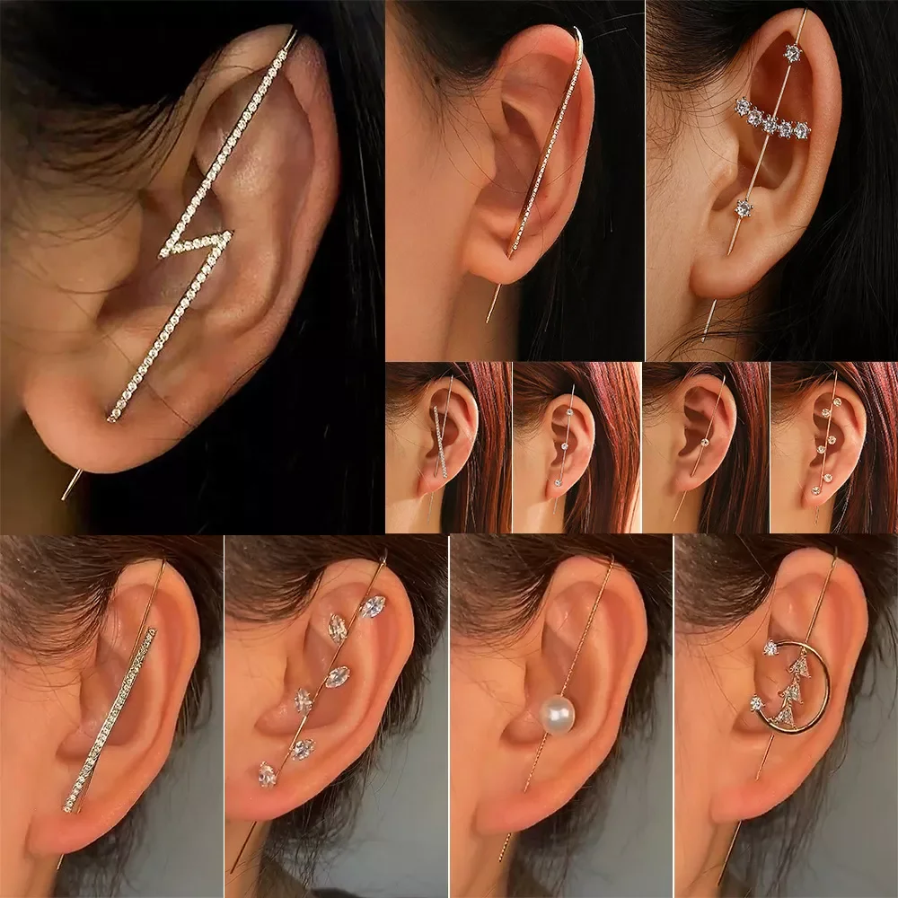 Ear Needle Wrap Crawler Hook Earrings for Women Surround Auricle Diagonal Stud Copper Inlaid Zircon Piercing Earrings /1 Pc